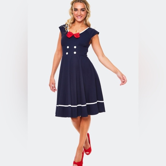 Voodoo Vixen Nautical Dress Bow Fit & Flare Sailor 50’s Navy Midi Womans Size 6 - Picture 1 of 11